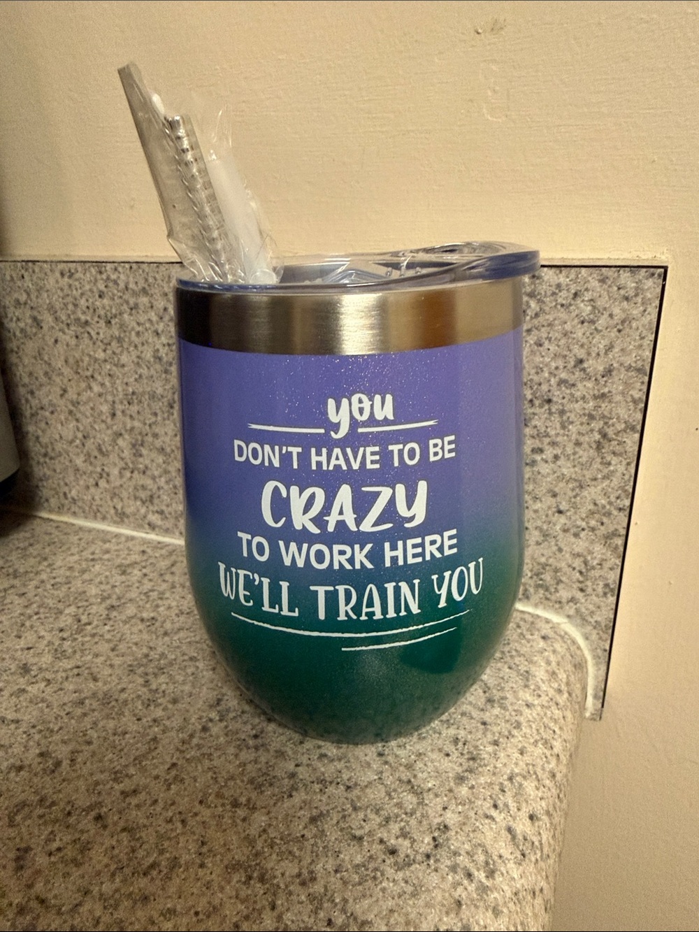 Insulated Wine Tumbler - Purple to Teal Ombre with White Quote